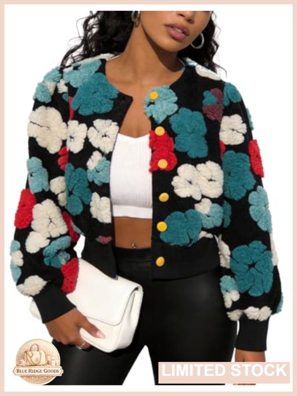 Flygo Floral Fleece Bomber Jacket Warm Cropped Coat